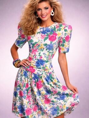 80’s Vintage Floral Midi Dress Dropped/Ruched Waist Cottagecore